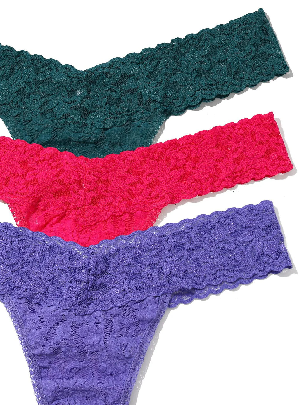 3 Low Rise Signature Lace Thong In Green, Rose & Violet - Hanky Panky