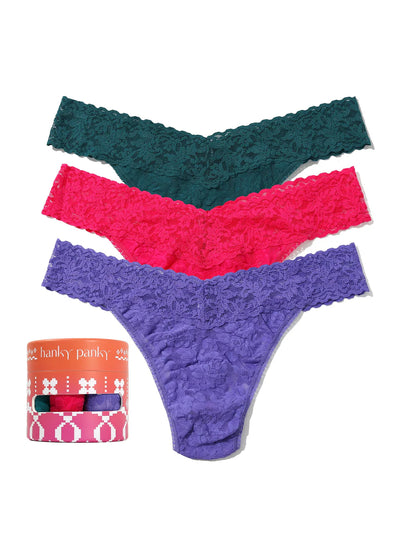 3 Original Rise Thongs In Green, Bright Rose & Violet - Hanky Panky