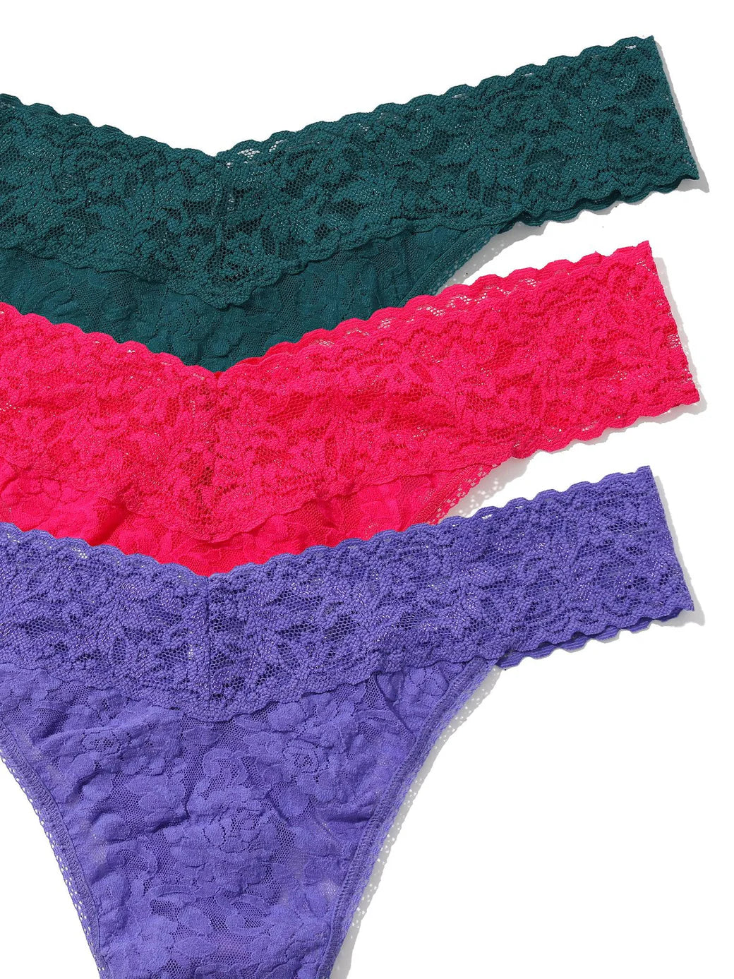 3 Original Rise Thongs In Green, Bright Rose & Violet - Hanky Panky