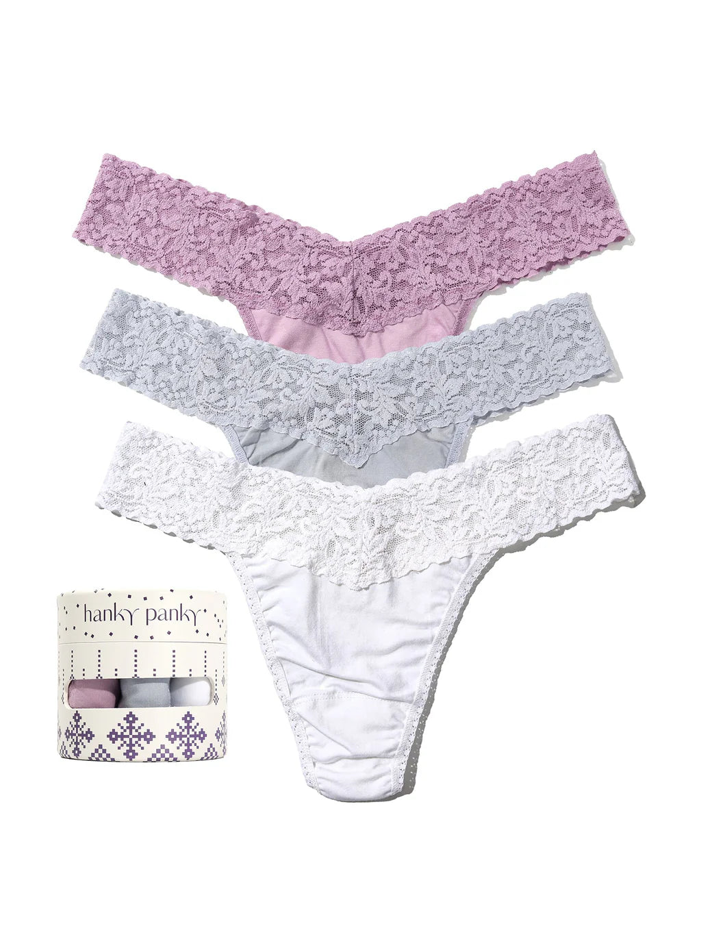 3 Original Rise Cotton Thongs In Water Lily, Grey & White - Hanky Panky