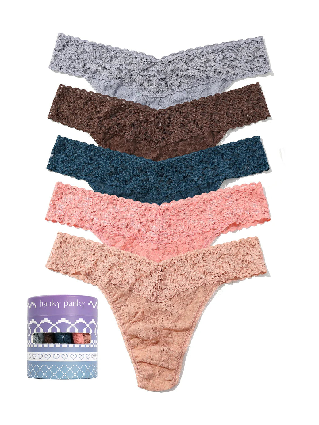 5 Original Rise Thongs In Grey, Cappuccino, Blue, Pink & Seashell - Hanky Panky