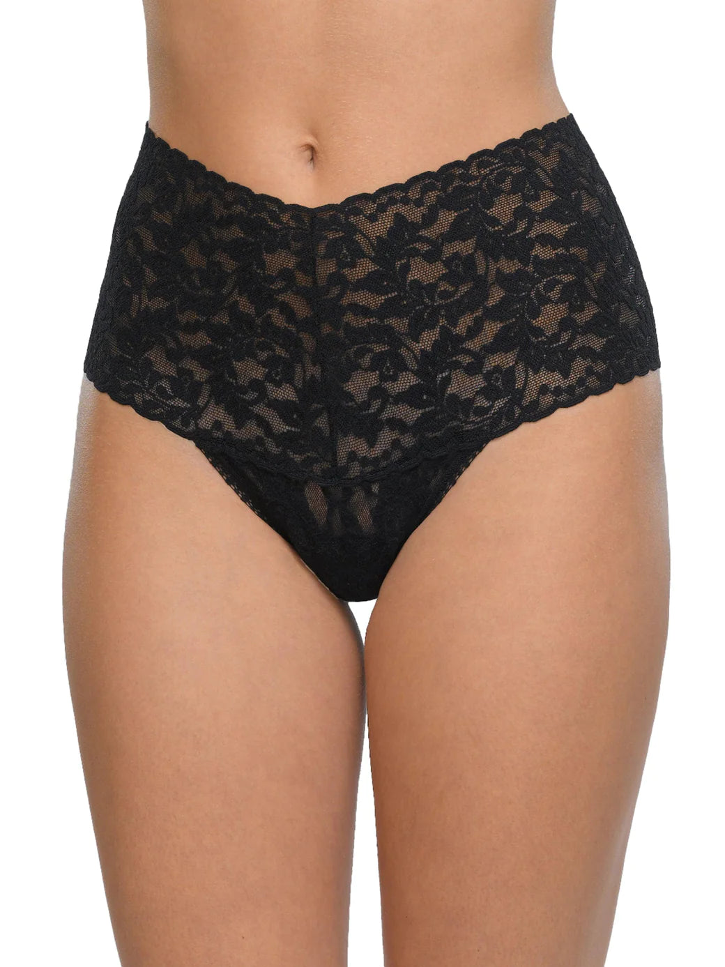 model wearing Retro Signature Lace Thong In Black - Hanky Panky