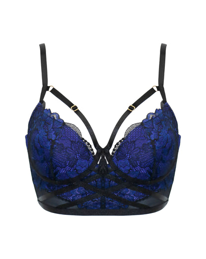 After Hours Padded Longline Bra In Black & Blue - Pour Moi