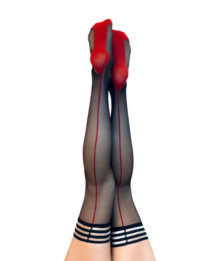 Ginny: Sheer Black with Red Back Seam Stockings - Kix'ies
