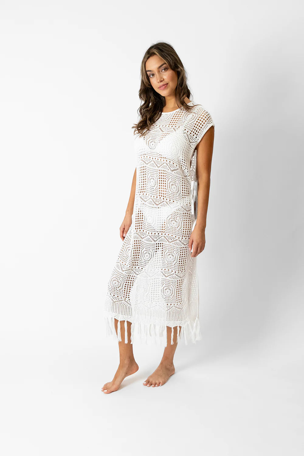 Santorini Fringe Open Knit Dress In Cream - Koy Resort