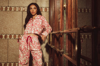 Flannel Crop Top Long PJ Set In Dancing Bows - Kilo Brava