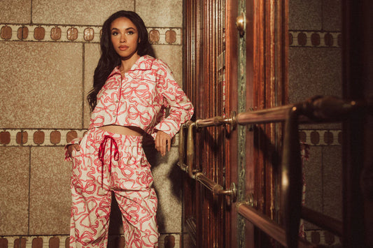 Flannel Crop Top Long PJ Set In Dancing Bows - Kilo Brava