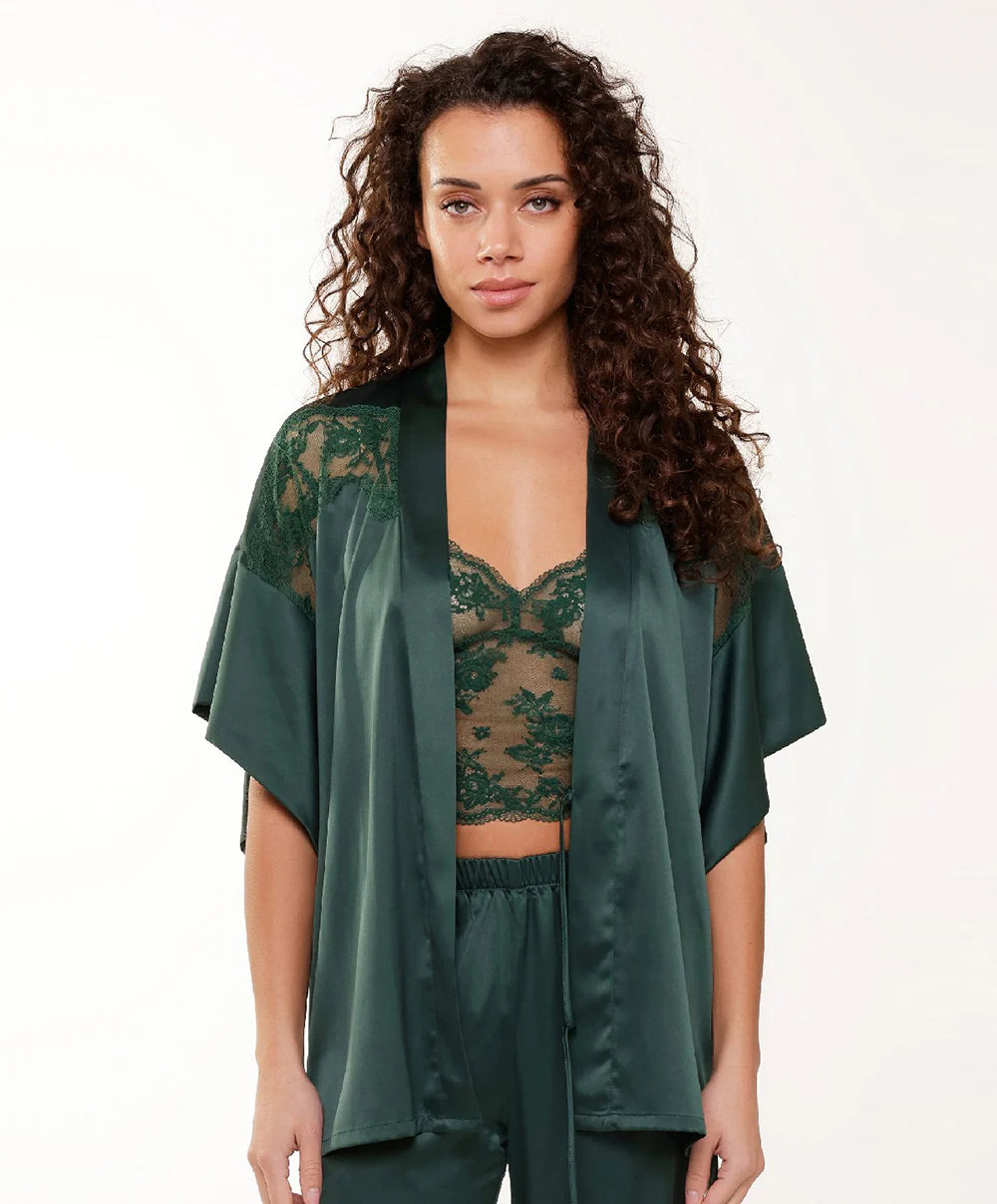 Satin Kimono In Garden Green - Lingadore