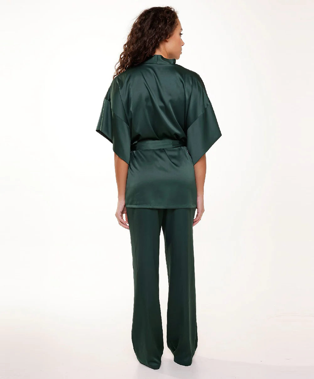 Satin Kimono In Garden Green - Lingadore