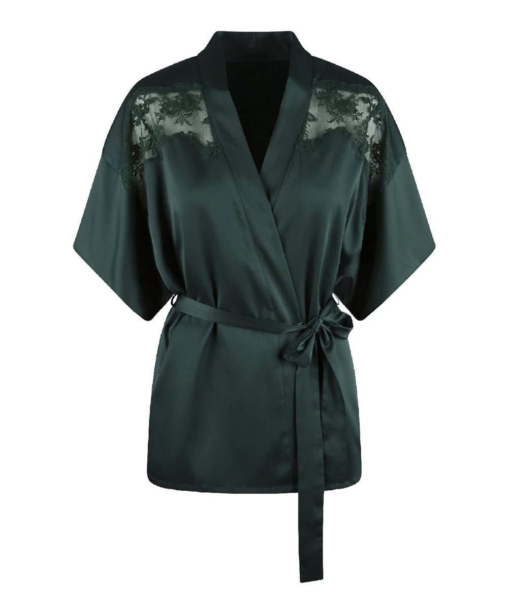 Satin Kimono In Garden Green - Lingadore