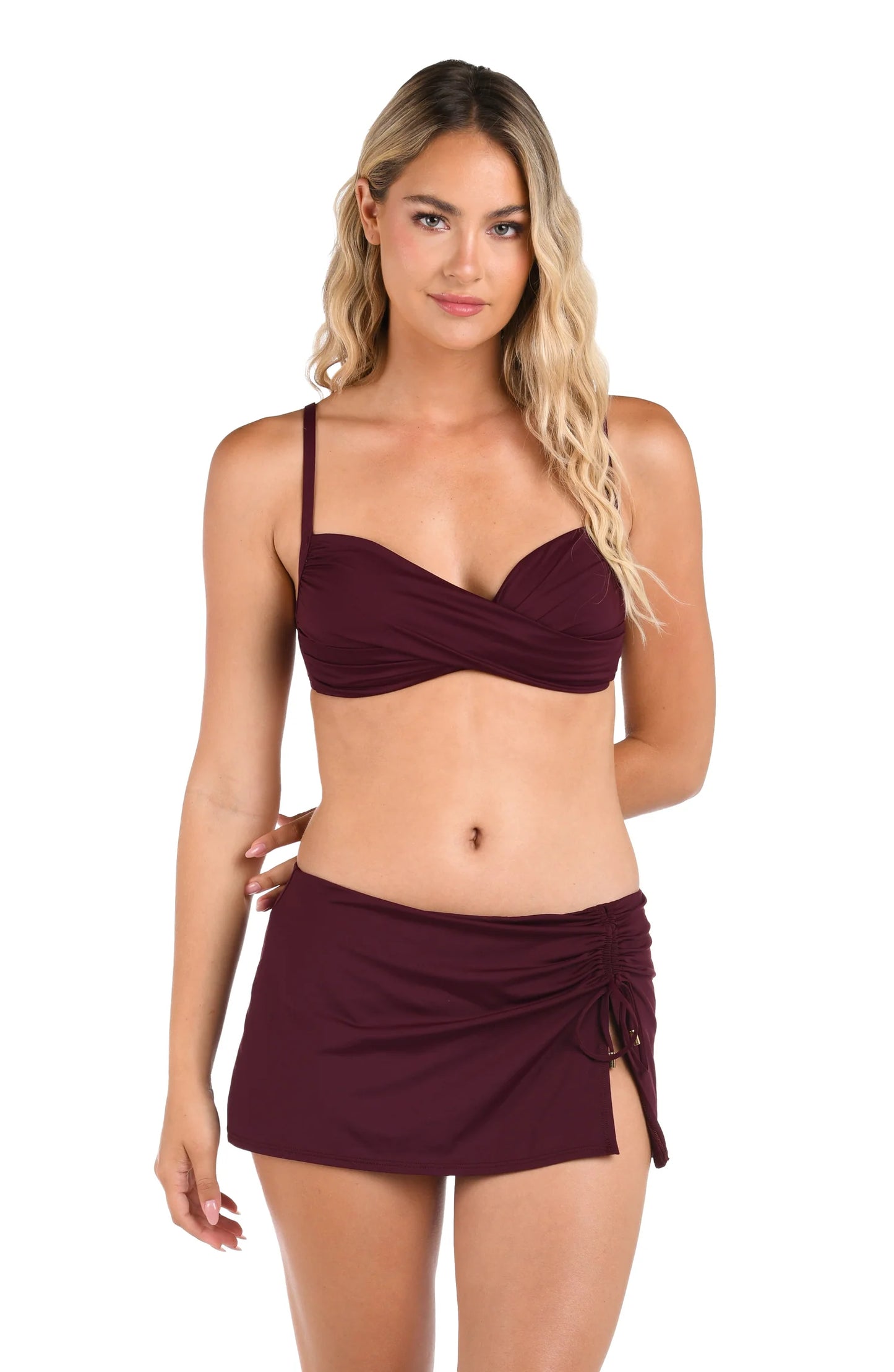 Island Goddess Over The Shoulder Wrap Top In Dark Cherry - La Blanca