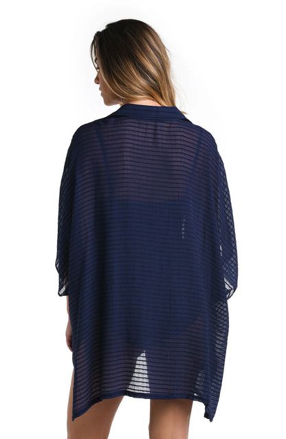 Shadow Stripe Convertible Shirt Dress In Indigo - La Blanca