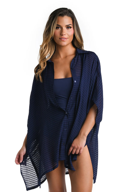 Shadow Stripe Convertible Shirt Dress In Indigo - La Blanca