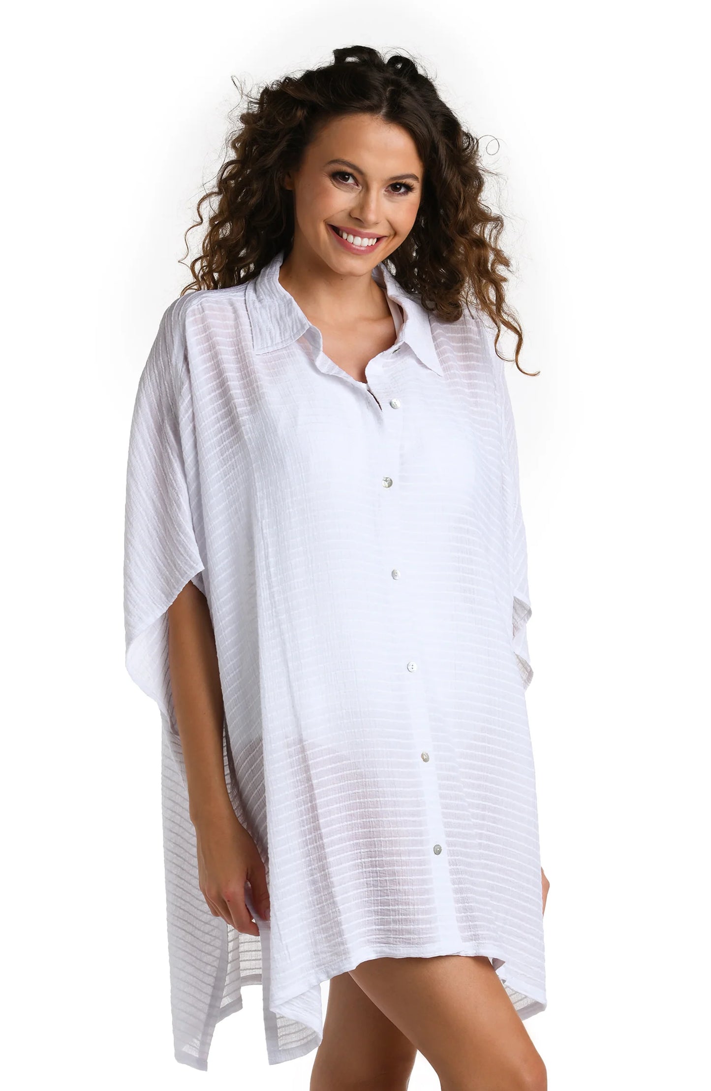 Shadow Stripe Convertible Shirt Dress In White - La Blanca