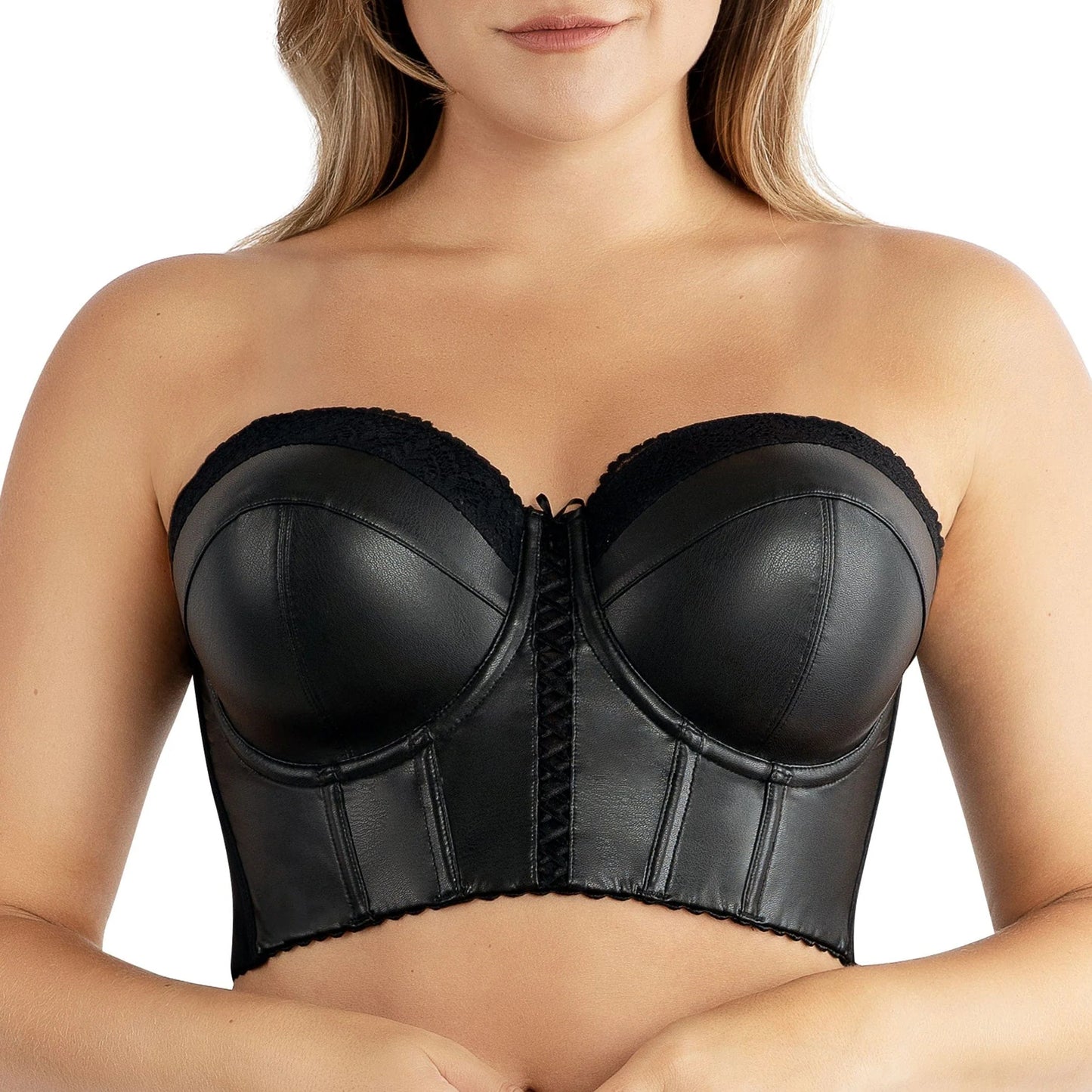 Stevie Longline Strapless Bustier in Black - Faux Leather - Parfait Lingerie