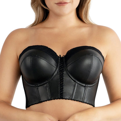 Stevie Longline Strapless Bustier in Black - Faux Leather - Parfait Lingerie