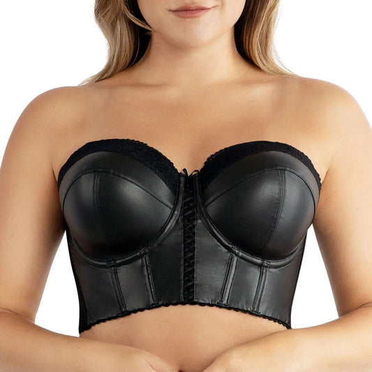 Stevie Longline Strapless Bustier in Black - Faux Leather - Parfait Lingerie