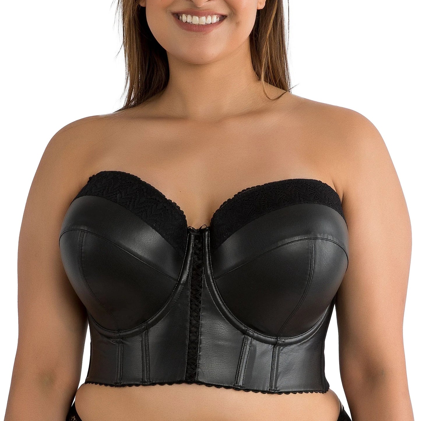 Stevie Longline Strapless Bustier in Black - Faux Leather - Parfait Lingerie