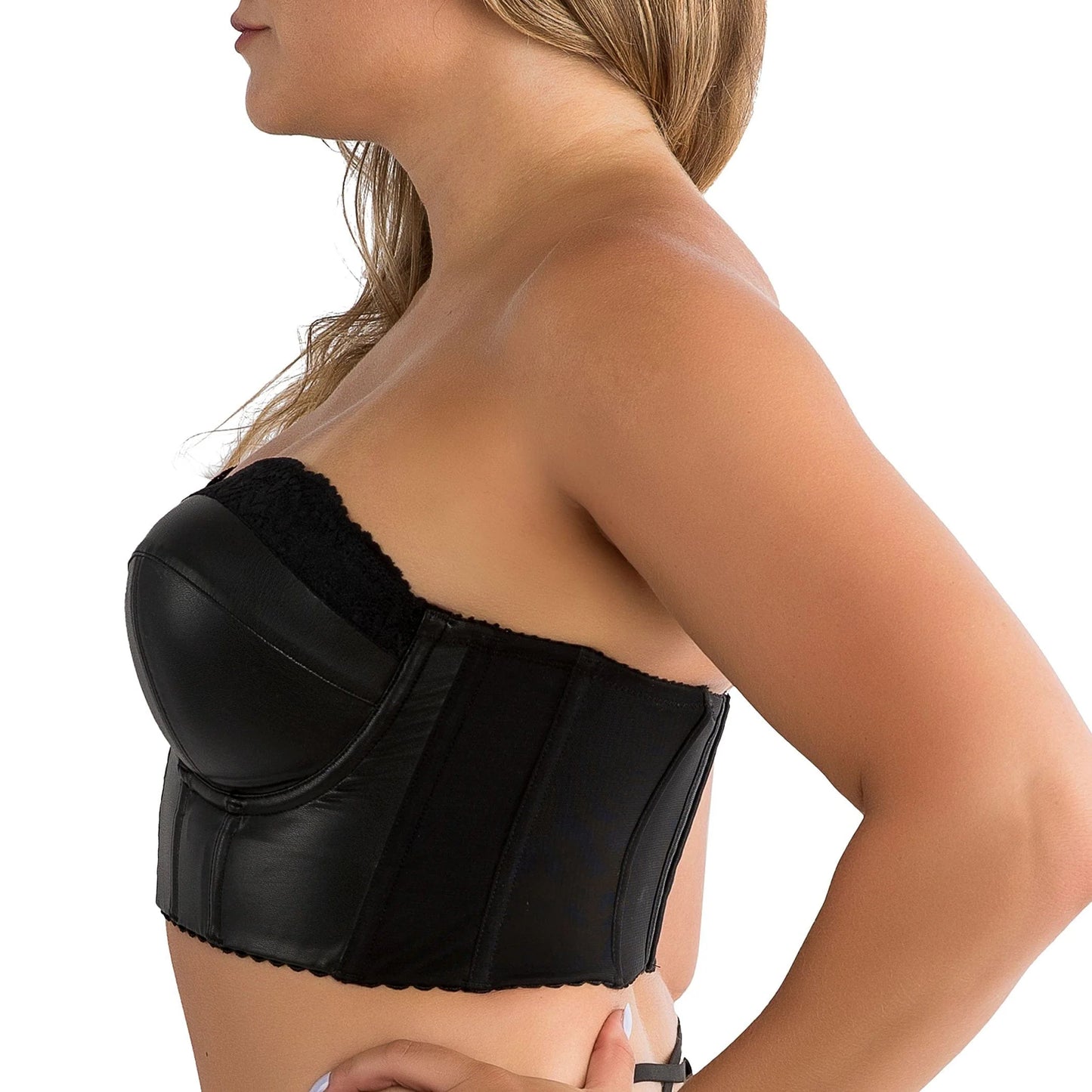 Stevie Longline Strapless Bustier in Black - Faux Leather - Parfait Lingerie