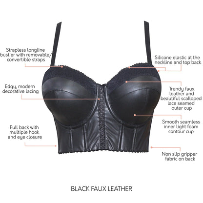 Stevie Longline Strapless Bustier in Black - Faux Leather - Parfait Lingerie