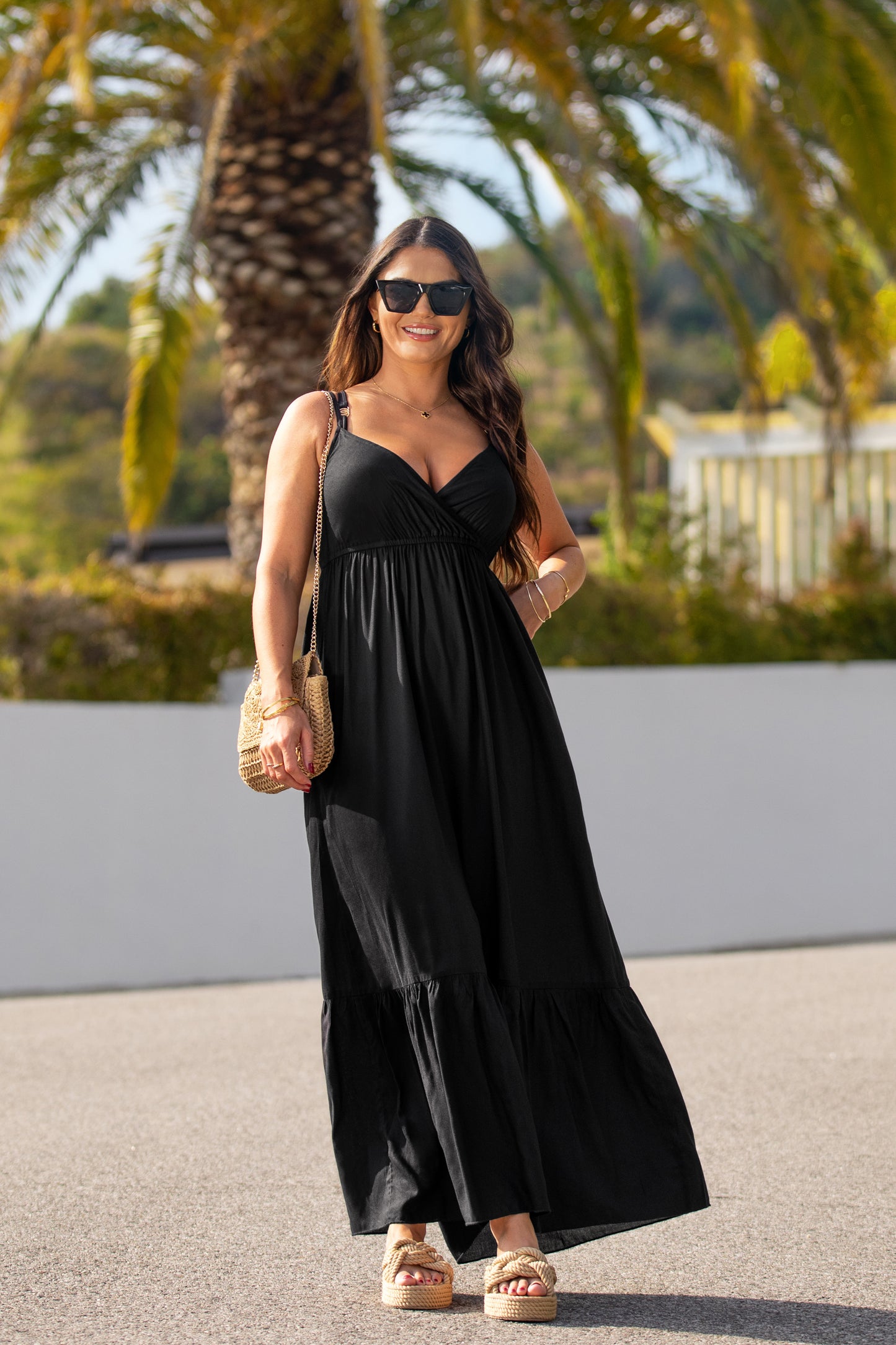 Women Black Floral Strappy Tiered Maxi Dress