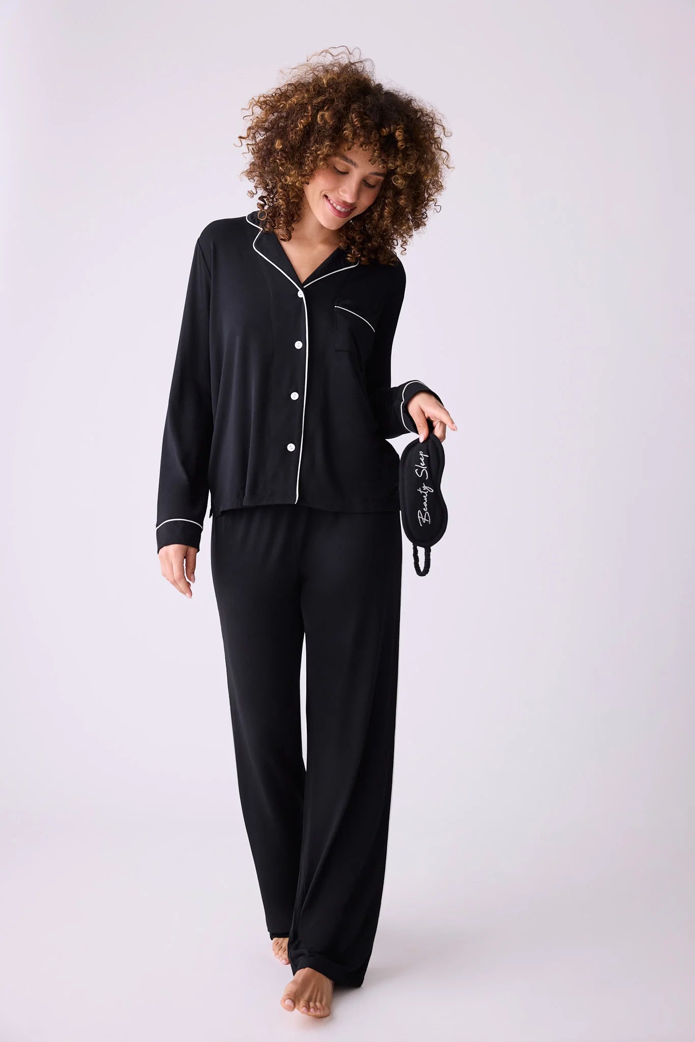 Modal Basics PJ Set With Eye Mask In Black - P.J. Salvage