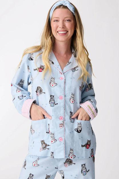 Flannels PJ Set Coffee & Cat Naps In Blue Tint - P.J. Salvage