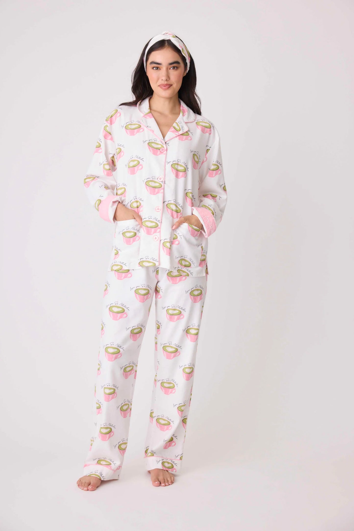 Flannels PJ Set Love You So Matcha In White Linen - P.J. Salvage