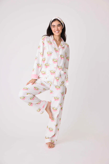 Flannels PJ Set Love You So Matcha In White Linen - P.J. Salvage