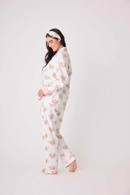 Flannels PJ Set Love You So Matcha In White Linen - P.J. Salvage