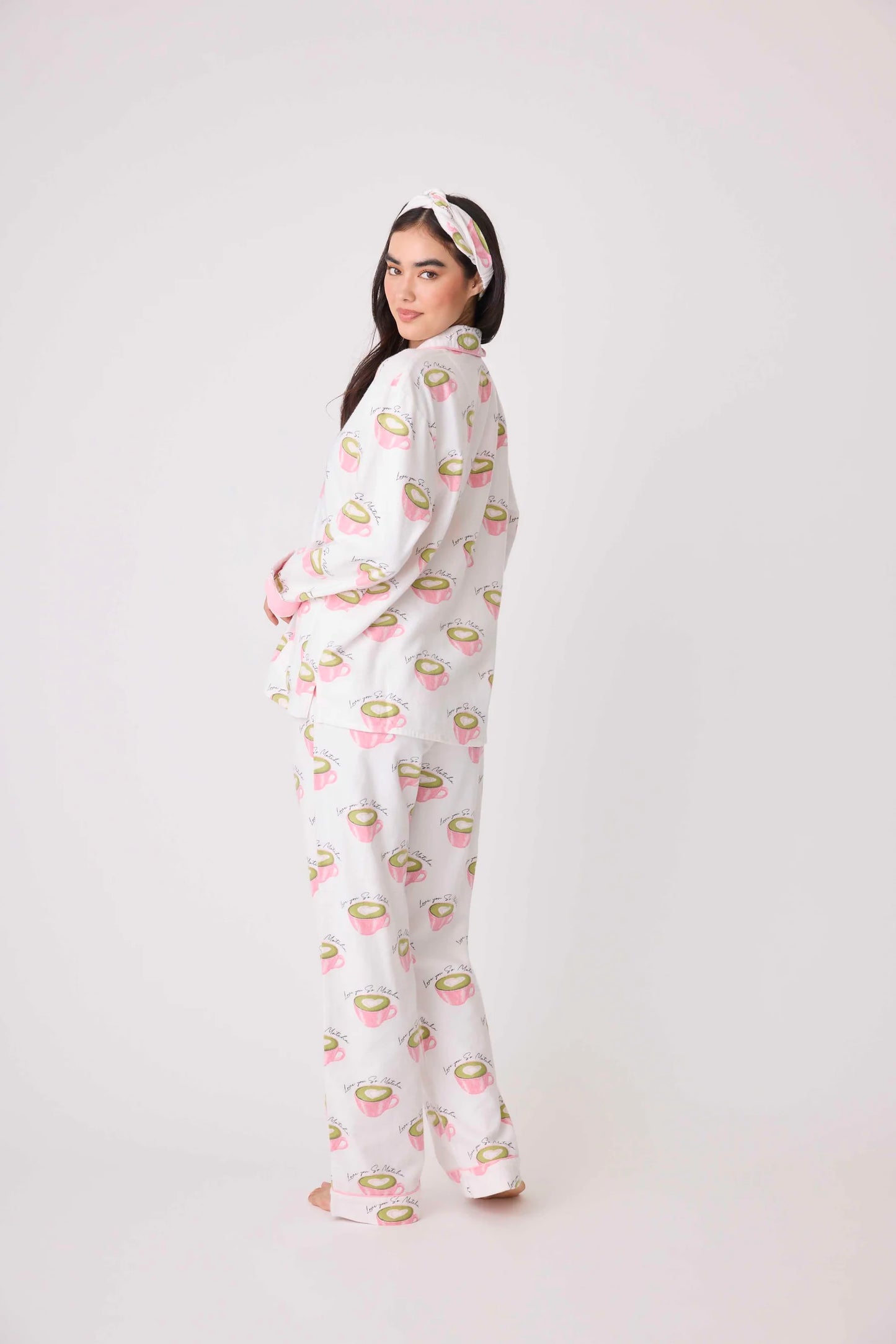 Flannels PJ Set Love You So Matcha In White Linen - P.J. Salvage