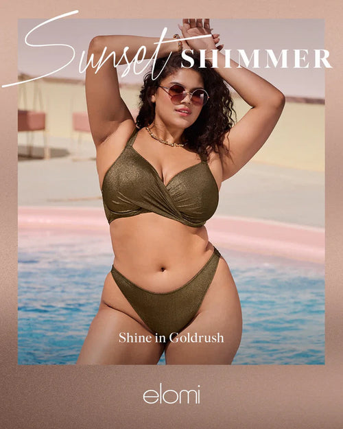 Sunset Shimmer Underwire Plunge Bikini Top in Gold Rush by Elomi, available at BraTopia
