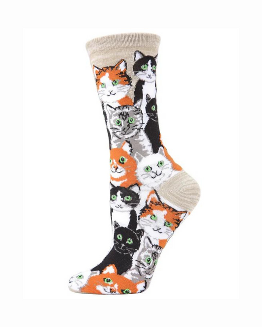 Multi Cat Club Bamboo Blend Crew Socks In Crockery - MeMoi