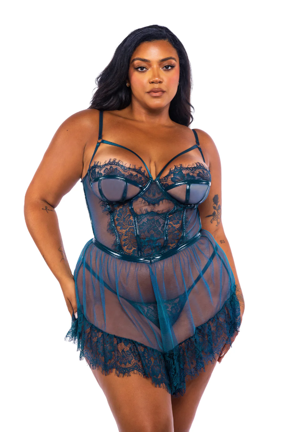 Eden Scalloped Eyelash Lace Babydoll In Teal - Roma Costume