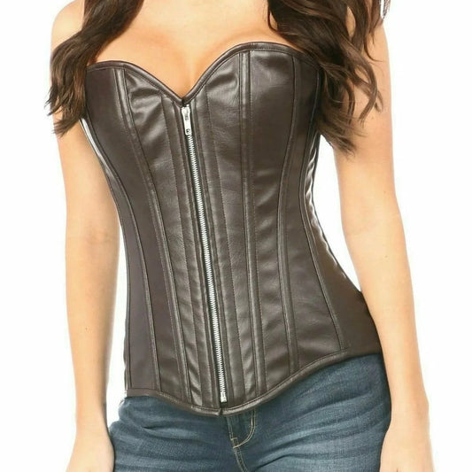 Top Drawer Distressed Faux Leather Steel Boned Corset In Brown - Daisy Corset
