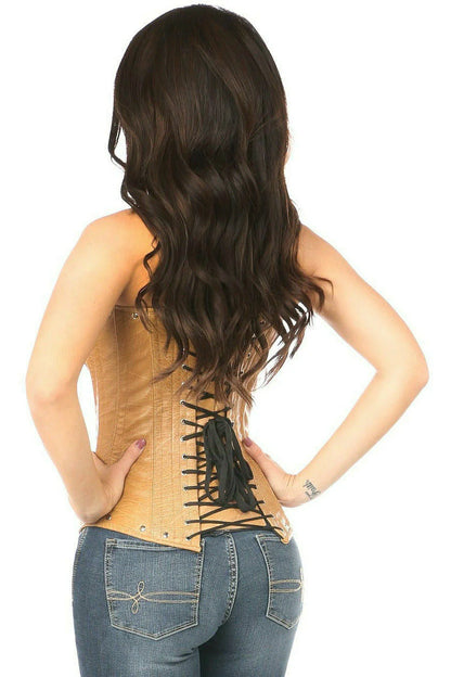 Top Drawer Steel Boned Distressed Faux Leather Corset In Beige - Daisy Corsets