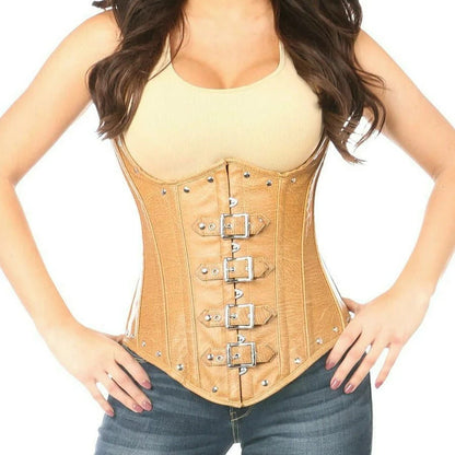 Top Drawer Steel Boned Distressed Faux Leather Corset In Beige - Daisy Corsets