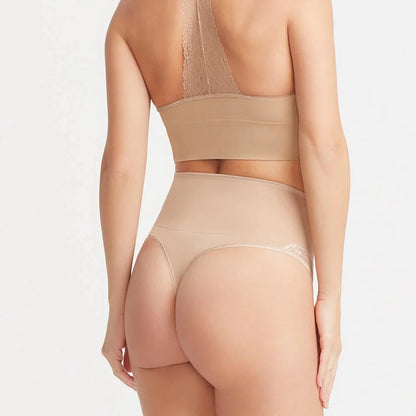 Lace Insert Thong Contrast Tipping In Almond - Yummie