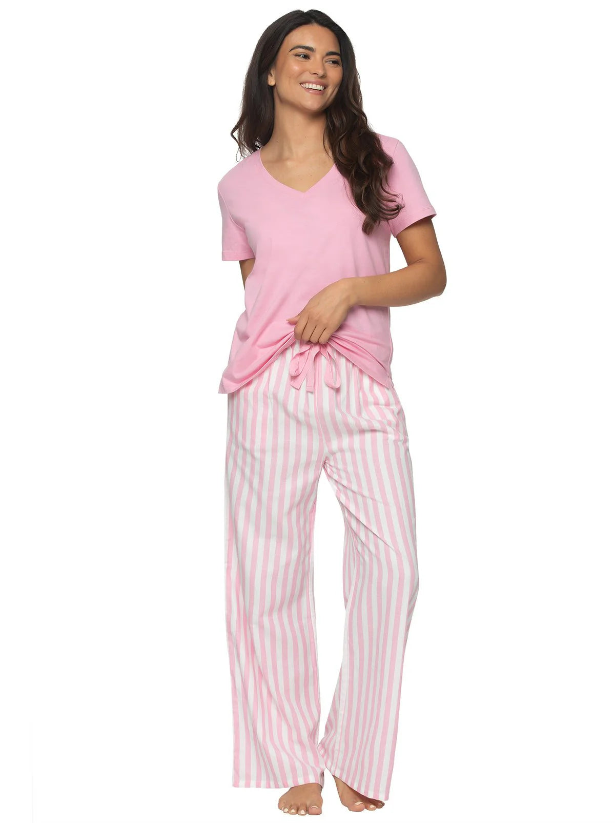 Mirielle Cotton V-Neck Top And Pant Set In Sea Pink Stripe - Felina