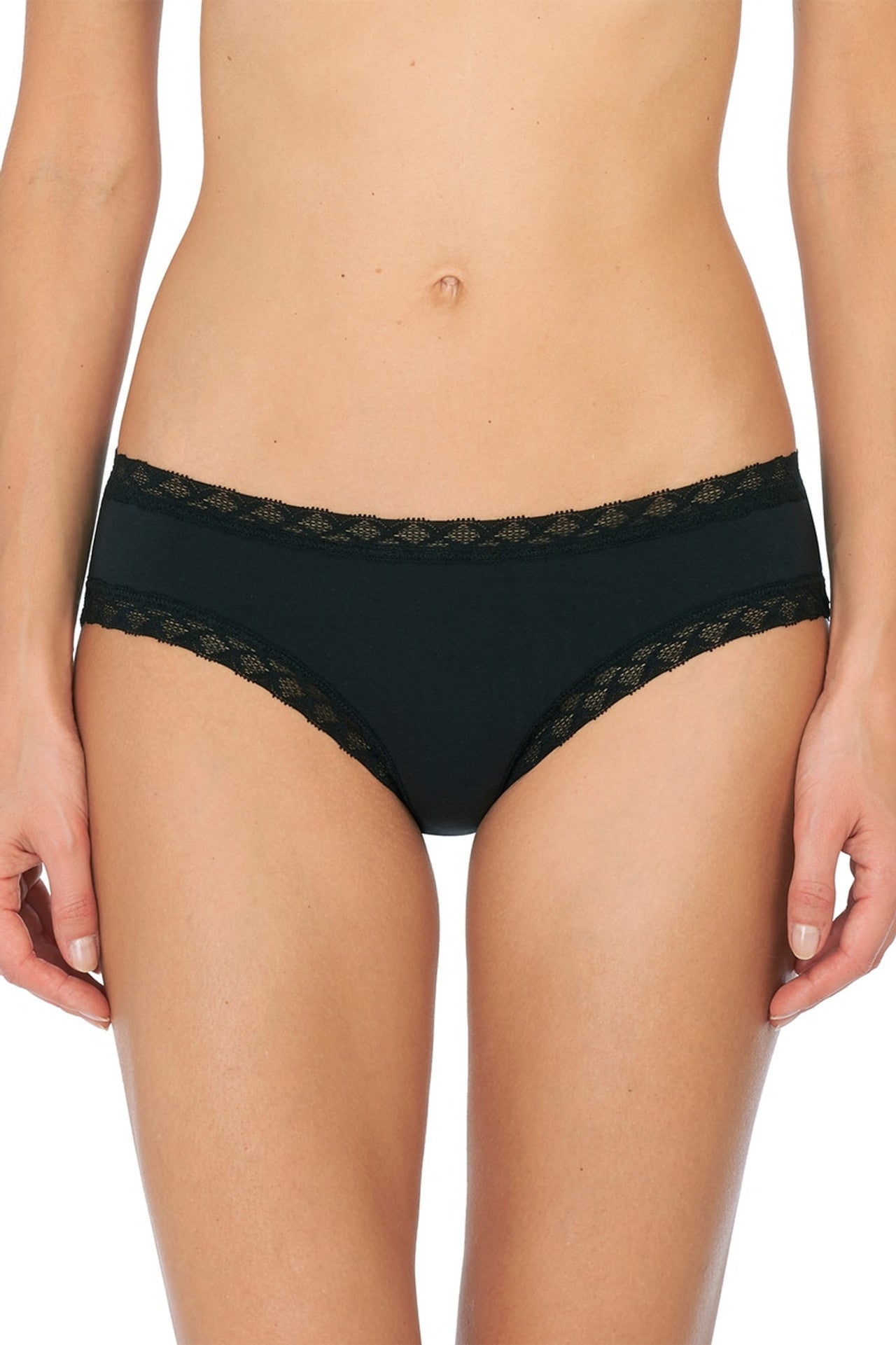 Model wearing Bliss Girl Brief In Black - Natori, front view in close up of the panty