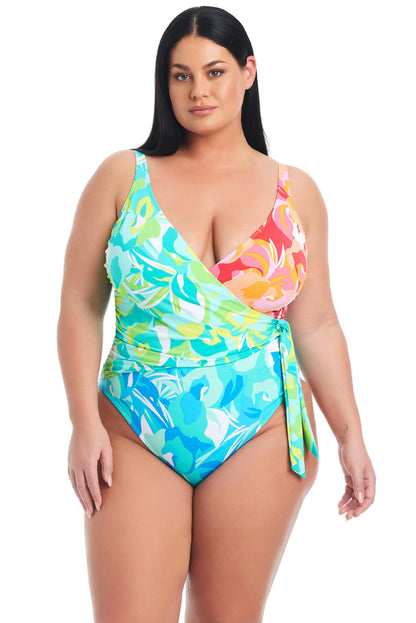 Summer Escapes Surplice Swimsuit In Multi - BLEU