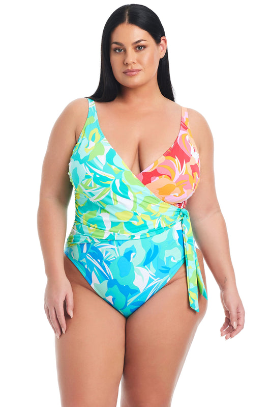 Summer Escapes Surplice Swimsuit In Multi - BLEU