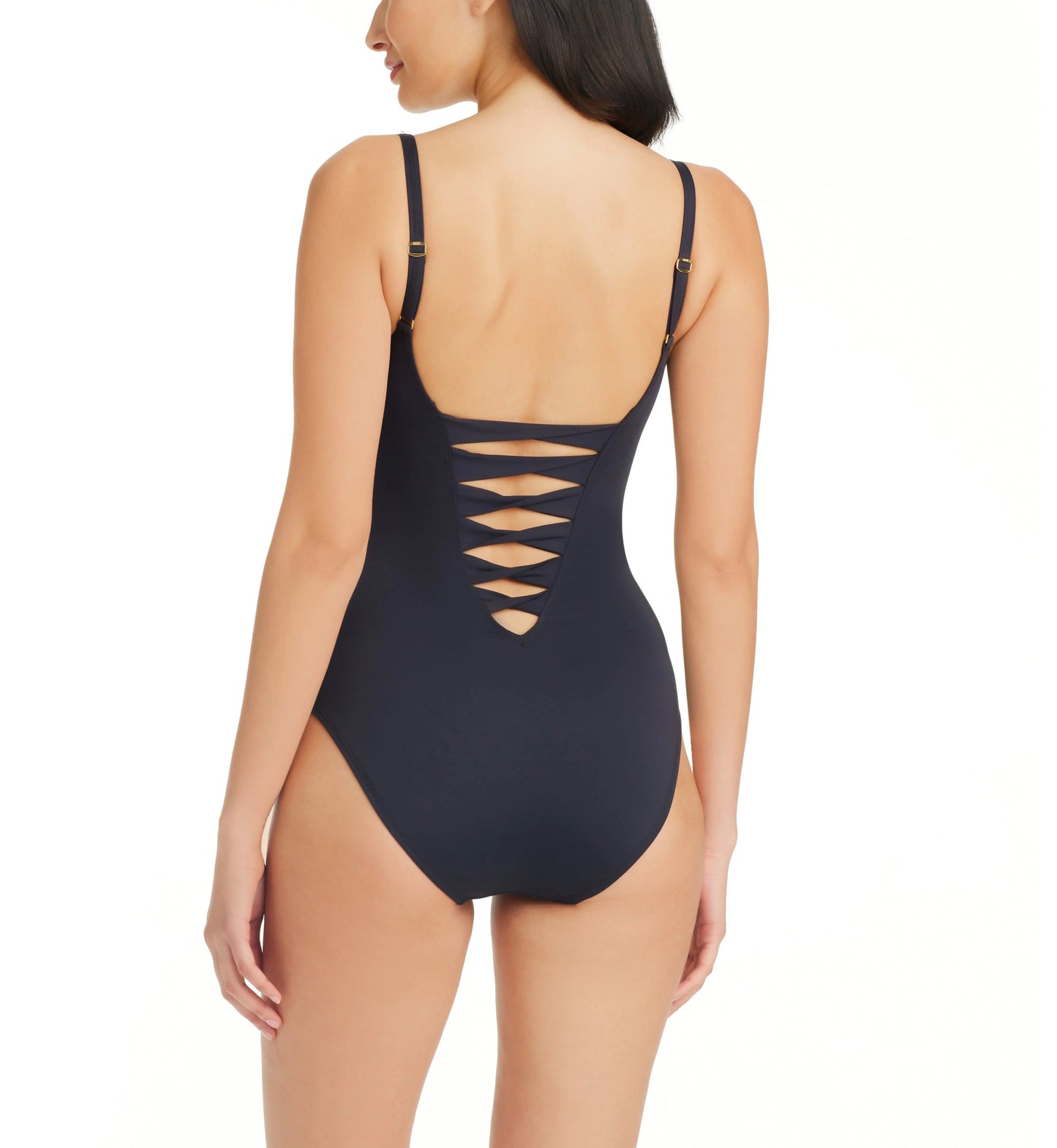 Graphic Measures Plunge Ring Front Swimsuit In Black - BLEU
