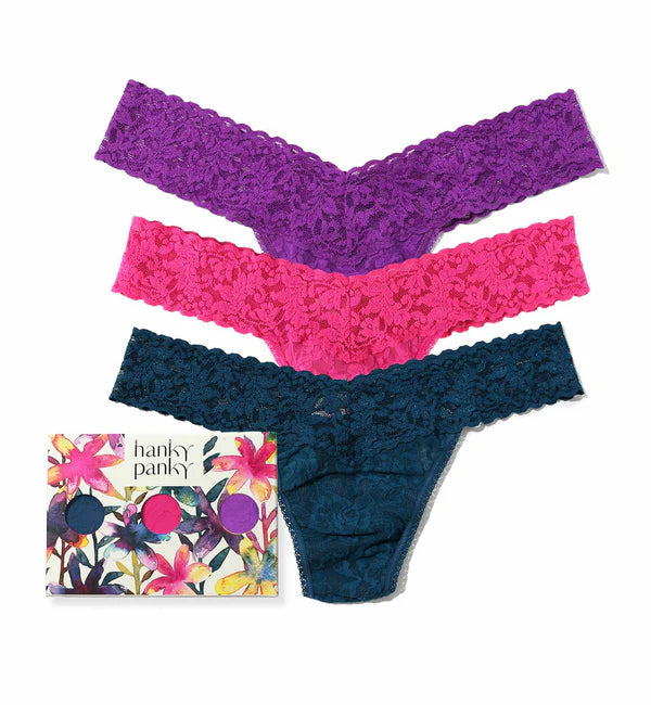 3 Low Rise Thongs in Sweet Tart, Tangelo Orange, and Twilight Purple - Hanky Panky