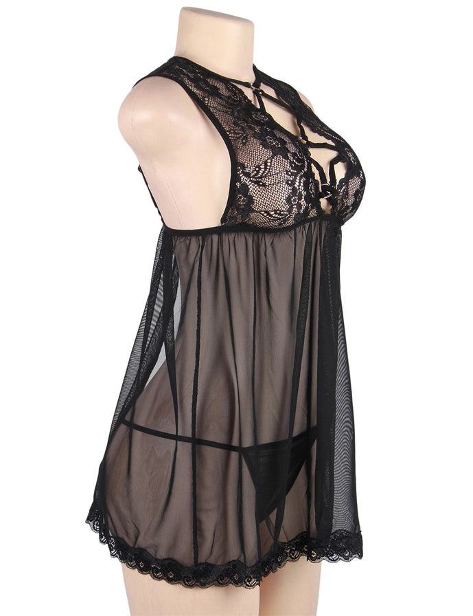 Sheer Mesh Front Lace Up Chemise in Black - Lovely Lies