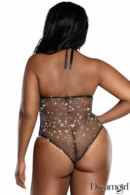 Rhinestone Lace Teddy In Black - Dreamgirl