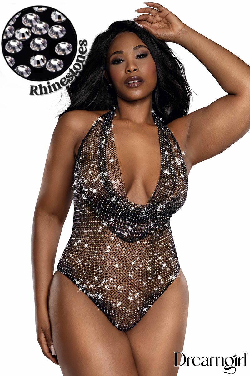 Rhinestone Lace Teddy In Black - Dreamgirl