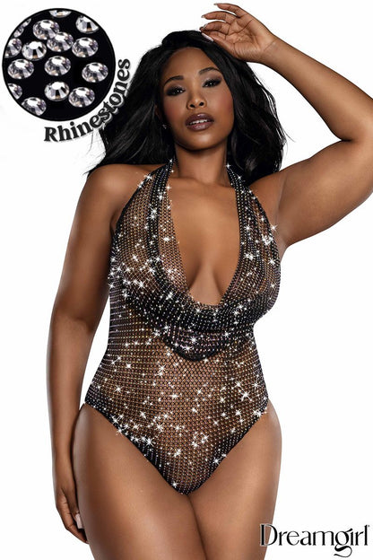 Rhinestone Lace Teddy In Black - Dreamgirl