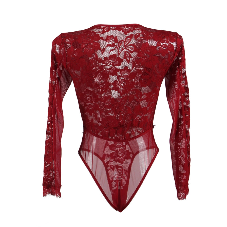 Sexy Deep Plunge Lace Long Sleeve Body Suit In Wine - Lovely Lies