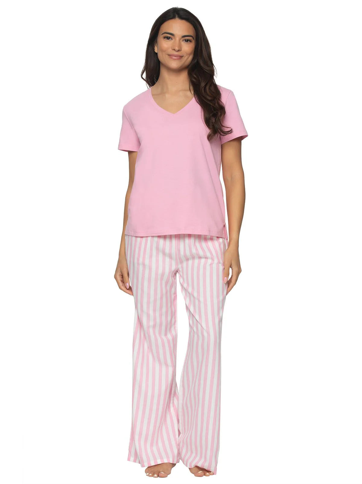 Mirielle Cotton V-Neck Top And Pant Set In Sea Pink Stripe - Felina